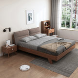 北欧实木床1.8米1.5m单人双人现代简约轻奢胡桃木软靠包床小户型(1.5*2米胡桃色 床)