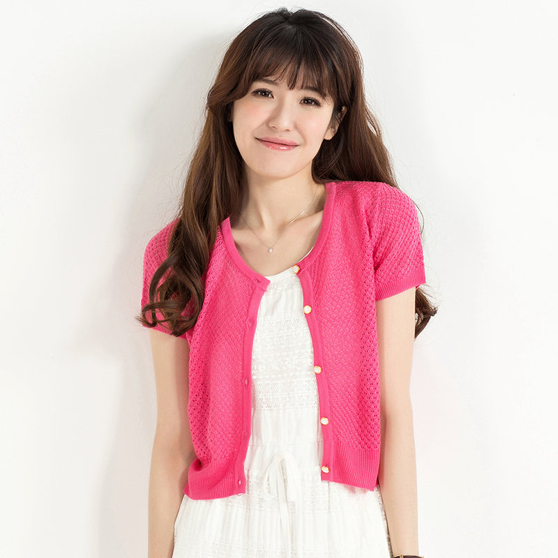 chuang 宝创圆领镂空短袖开衫(玫红 m)