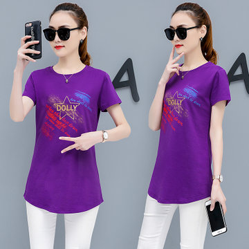 大码版妈妈短袖t恤女宽松韩版棉百搭胖mm妹妹2021新款体恤汗衫紫色