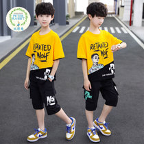比得兔 男童夏装套装2021年新款韩版中大童洋气夏季男孩帅气短袖两件套潮(150 黄色)