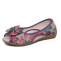 夏季新款民族风女式露趾女凉鞋小坡跟北京绣花草编布鞋(紫色 40)