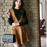 Mistletoe日韩女装新款时尚两件套针织衫+鹿皮绒背带裙 V领显瘦修身连衣裙(巧克力色 S)