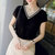 MISS LISA短袖T恤夏装针织衫v领撞色韩国东大门宽松气质打底衫T3247(黑色 M)