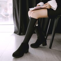 2017磨砂绒面绒里侧拉链粗跟中跟厚底圆头女士高筒靴马靴大码定做(39)(黑色)
