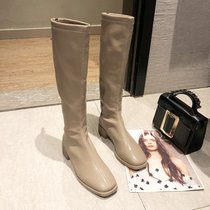 SUNTEK2021年冬季新款方头长筒靴瘦瘦马丁靴加绒骑士靴中跟女靴子女鞋子(37 杏色 绒内里)