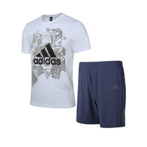 Adidas/阿迪达斯 男子 图案圆领透气T恤宽松舒适运动短裤短裤运动套装(白蓝 3XL)