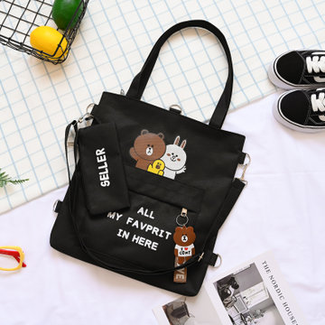帆布包女童夏文艺手提袋学生拎书补课包布袋子儿童书包补习布袋包小熊