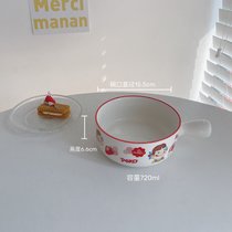 韩版ins风可爱卡通大号泡面碗带盖学生宿舍大容量陶瓷餐具手柄碗(不二家碗加深款)