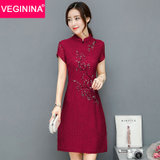 VEGININA 中国风刺绣中长款修身蕾丝连衣裙 3128(酒红色 3XL)