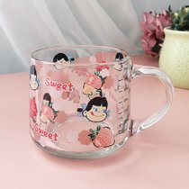 ins风玻璃杯牛奶早餐杯可爱水杯女带盖带勺子高颜值喝水刻度杯子(草莓女孩款-380ml【2只装】)