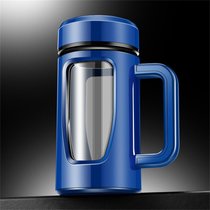大容量加厚塑玻杯 带把办公泡茶水杯 塑料双层玻璃杯580ML(蓝色)