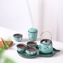 日式手绘陶瓷功夫茶具 茶壶茶杯套装简约一壶两杯一壶四杯(手绘提梁壶青色-一壶2杯)