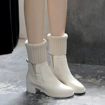 SUNTEK欧洲站2021秋冬新款短靴女棉靴粗跟中跟女鞋中筒弹力毛线女靴(38 米白色【2238绒里】)