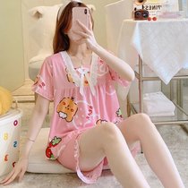 睡衣女夏季新款短袖短裤韩版甜美公主风学生可爱两件套睡衣家居服(2208粉色小猫 XL)