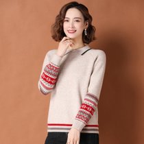 金兔2021年冬季新款翻领针织衫女式长袖花纹 JX02824003-XL码米 宽松舒适百搭