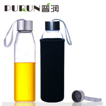 普润 550ML耐热玻璃水瓶创意车载玻璃杯子矿泉水瓶带盖茶杯(黑色)