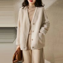 MISS LISA小香风冬季保暖外套条纹立体V领颗粒绒毛毛衣4590(米白色 XL)
