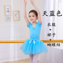 儿童舞蹈演出服女童练功服秋夏季考级服装长短袖棉幼儿芭蕾舞裙(天蓝)(160cm)