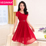 VEGININA 韩版修身收腰雪纺连衣裙 9516(红色 M)