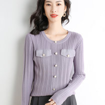 2021秋冬季新款女士圆领坑条针织羊毛衫洋气假两件套头毛衣百搭上衣(灰紫色 M)