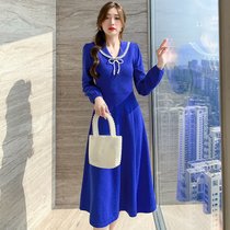 MISS LISA法式复古红色针织大摆长裙子女装御姐温柔风连衣裙C357(蓝色 S)