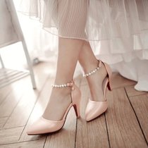 2017时尚夏季串珠一字带镂空细跟高跟女士包头凉鞋女鞋银白粉绿黑(39)(黑色)