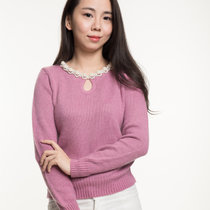 韩版新款套头女装打底毛衣纯色圆领绣珠短款舒适百搭针织(粉红色 均码)