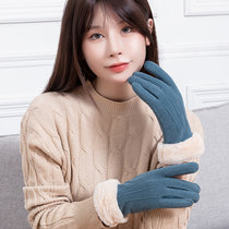 冬季女保暖手套麂皮绒手套户外骑行手套加绒保暖防风触屏手套(蓝色)