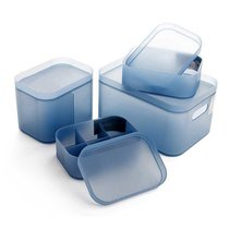 磨砂收纳盒套装 化妆品收纳盒 透明有盖收纳盒 组合整理盒 塑料储物盒4件套(蓝灰色)