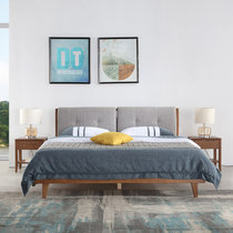 A家家具 北欧实木床1.5米简约现代主卧软包布艺靠背双人床1.8米(1.8*2米框架床（胡桃木色） 床+床垫)