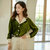 MISS LISA春季女装港风压褶丝绒宽松衬衣西装领撞色长袖衬衫10099(绿色 L)