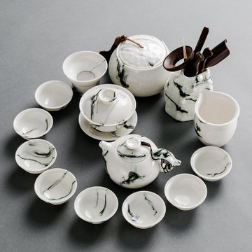 家用茶壶盖碗水墨白瓷青花瓷茶杯陶瓷潮汕景德镇中式墨韵15件套茶叶罐