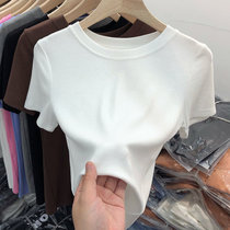 SUNTEK2022年春夏季新款螺纹面膜正肩白色T恤女短袖修身显瘦打底衫上衣(S 80-95 白色)