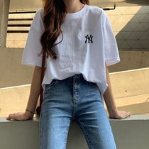 SUNTEK白色短袖t恤女2022早春新款夏季宽松设计感小众打底衫上衣ins(M 【96-115斤】 纯棉短袖【字母YZ】)