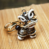 中国风舞狮钥匙扣 可爱创意男女情侣公仔包包挂件汽车钥匙链圈环(黑色)