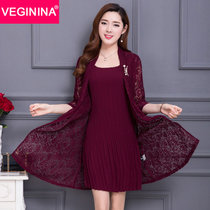 VEGININA 两件套连衣裙修身中长款蕾丝套装裙 9528(酒红色 XXL)