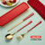 304不锈钢筷子勺子叉子套装餐具件套单人便携式学生旅行收纳盒(红金三件套+盒子+袋子 默认版本)