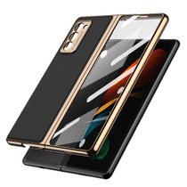 适用三星GalaxyZfold2手机壳纯色简约折叠屏f9160全包w21防摔皮套商务皮质+钢化膜玻璃面手机保护套(神秘黑 三星GalaxyZFold 2/w21)