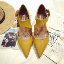 时尚皮带扣尖头细跟女鞋韩版秋季女鞋性感中空单鞋高跟鞋猫跟鞋黄(39)(黄色)