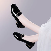 英伦风小皮鞋女漆皮一脚蹬乐福鞋2022新款单鞋春季女鞋软皮豆豆鞋(39 黑色/3634（跟高3cm）)