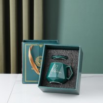 创意陶瓷水杯咖啡杯礼盒套装带盖勺欧式马克杯广告杯(绿色单杯 盖子 勺子（礼盒装）)