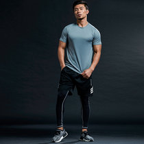 并力运动套装夏季新款男士运动休闲训练跑步健身T恤短裤三件套紧身反光条速干运动服(素色浅灰 XL 180-190)