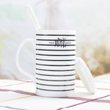 陶瓷杯 马克杯 咖啡杯 创意杯子 水杯情侣对杯 条纹杯带盖勺(白色螺纹)