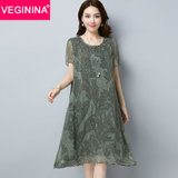VEGININA 韩版蕾丝显瘦透气中长款显瘦透气雪纺连衣裙女 D6043(绿色 L)