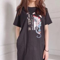 la vie lente【国美好货】女式中国风印画长款T恤S码黑 舒适