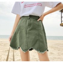 2018夏季新款牛仔短裙松紧腰A字半身裙(军绿色)(XL)