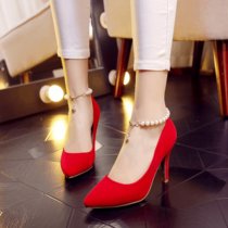 春季新品女鞋婚礼红鞋尖头超高跟细跟单鞋红色结婚鞋敬酒鞋新娘鞋(37)(红色)