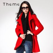 Theme掂牌 秋冬女装韩版双排扣修身中长款立领毛呢呢子大衣外套(红色 L)