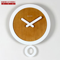 GeekCook创意挂表木质时钟现代简约挂钟客厅卧室摆钟静音石英钟表(白框木纹面14英寸)