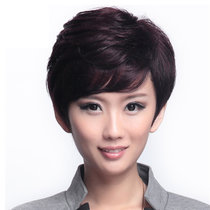 美元素假发 女 时尚干练气质型真发短发型 女士假发套mr039(x5手织顶心深棕色)